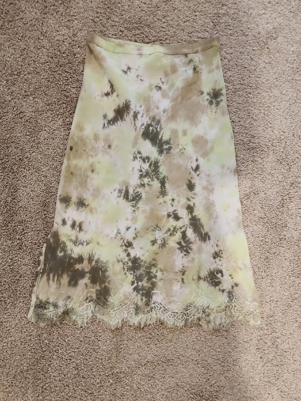 Tie-Dye Silk Lace-Hem Midi Skirt in Olive & Cream